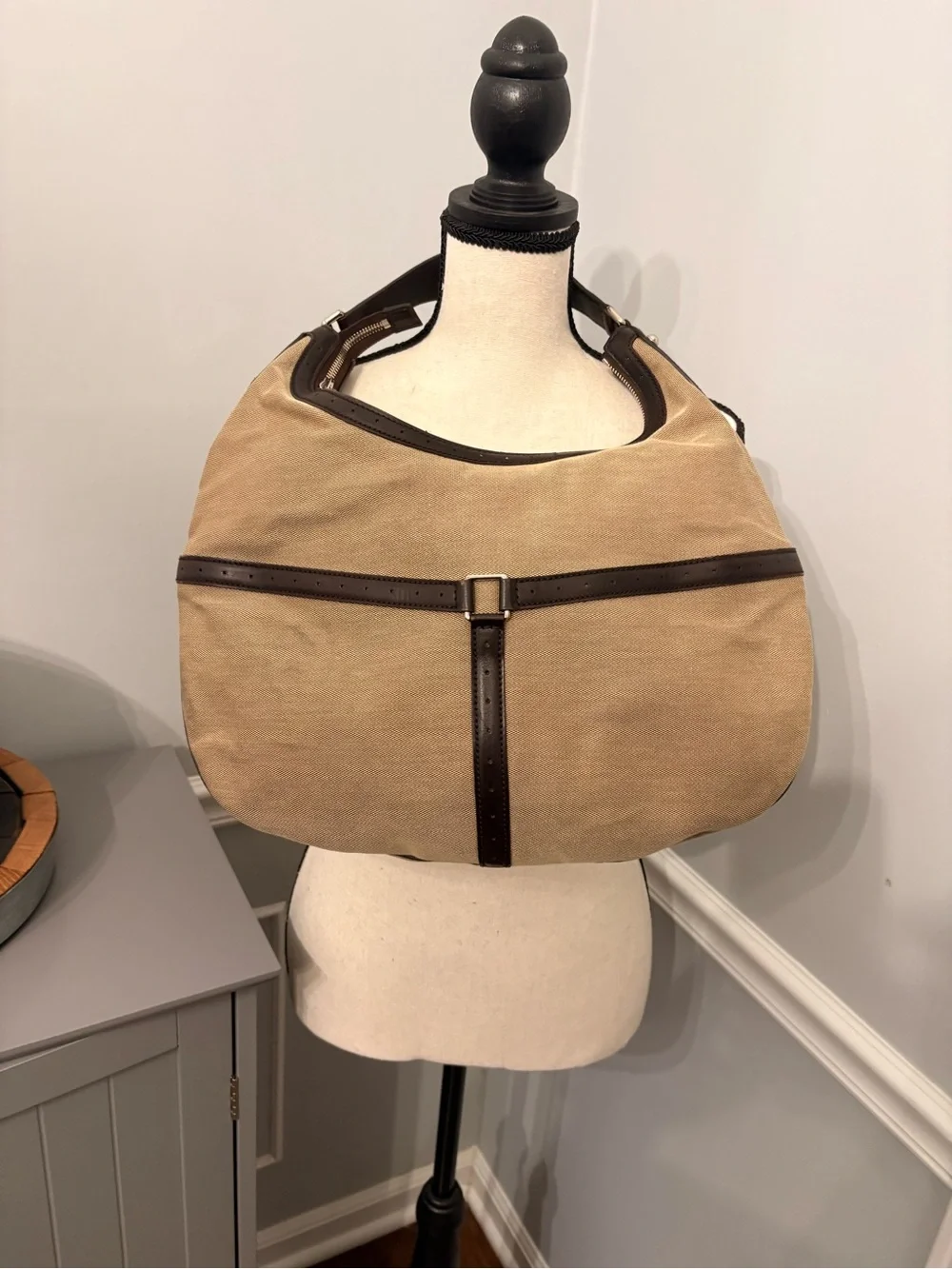 Gucci Beige Canvas Hobo Bag with Red & Green Stripe